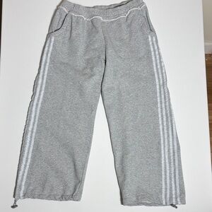 Grey Cotton Thick Athletic Sweatpants Side Stripe Drawstring Wide Leg